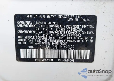 2017 Subaru Forester 2.5I Premium z USA, uszkodzony, nr VIN JF2SJAEC7HH479322